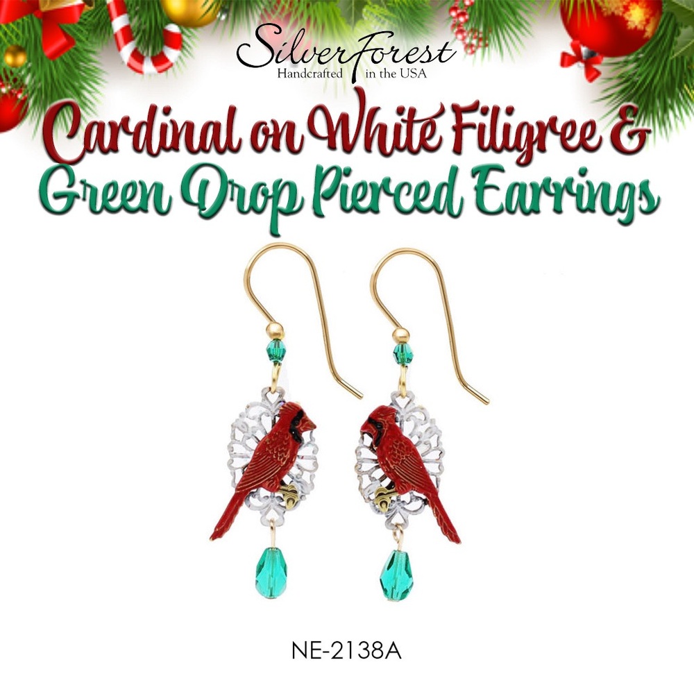 Silver Forest Cardinal on White Filigree & Green Drop Pierced Earrings